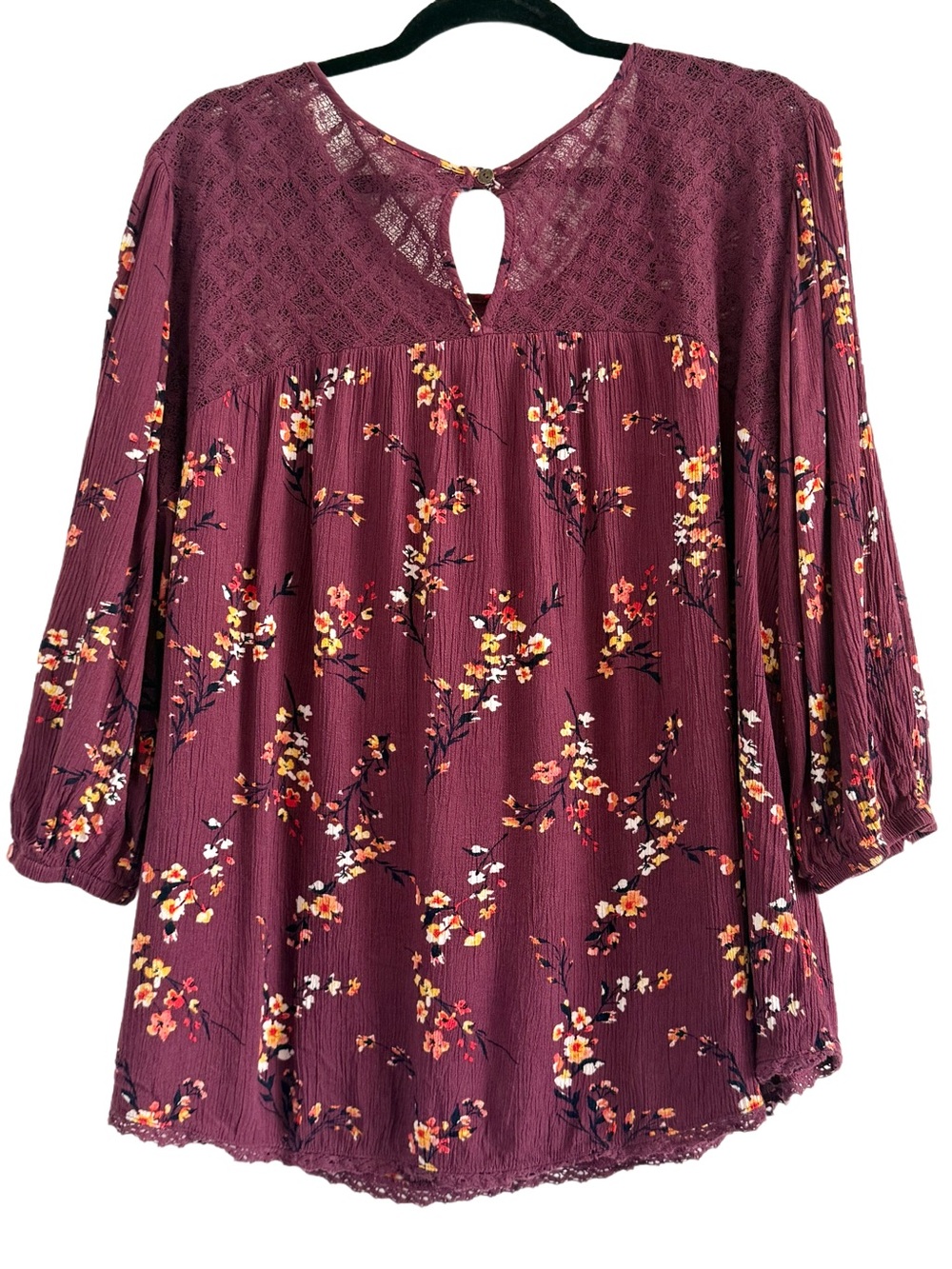 🍁 Mason & Belle Boho Floral Lace Yoke Blouse - Plum 1X - Picture 2 of 8
